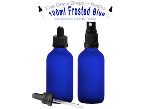 Five Glass Dropper Bottles with Child Proof Caps + 5 Additional Atomizer/Spray Caps (100ml, Frosted Blue)