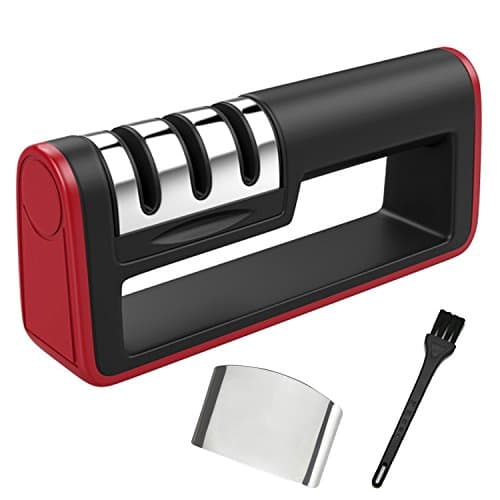 Knife Sharpener- Comsun Professional Kitchen Knife Sharpener 3 Stage Steel Diamond Ceramic Coated Kitchen Sharpening Tool with 1 x Hand Guard Finger Protector &amp; 1 x Brush - Non-slip Base Chef Knife Sharpening Kit, Sharpens Dull Knives Quickly, Easy to Use