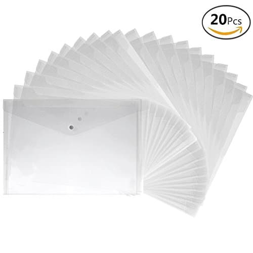 JUSLIN 20pcs A4 Size Premium Translucent Document Folders PVC Envelope with Snap Button Closure, Water &amp; Tear Resistant