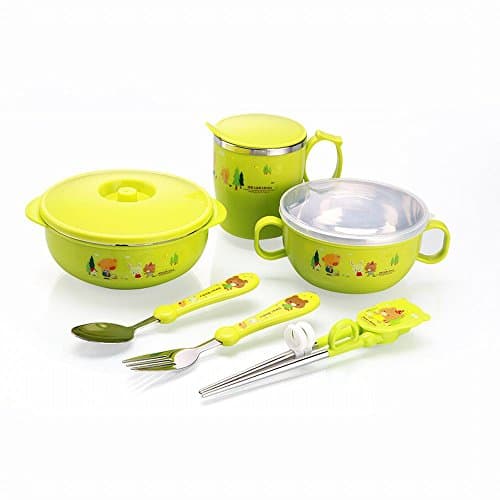 Plastic Stainless Steel Double Insulation Children Bowl Spoon Fork Training Chopsticks Baby Cutlery Set,Green