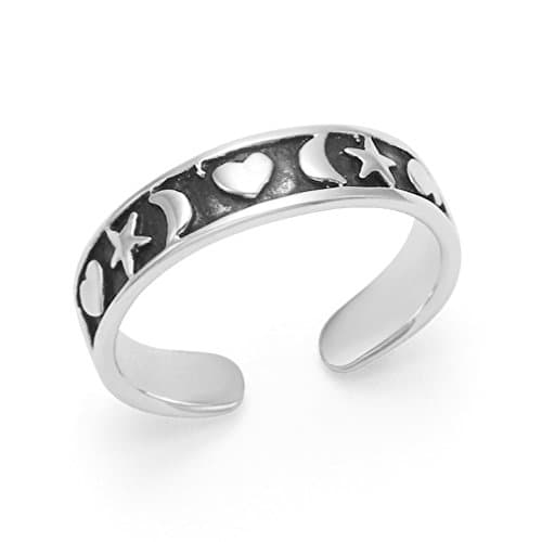 Sterling Silver Toe Ring - Solid Silver - Moons, Stars &amp; Hearts - 4.5mm band. Children's Silver heart ring - adjustable - Gift Boxed. 0998