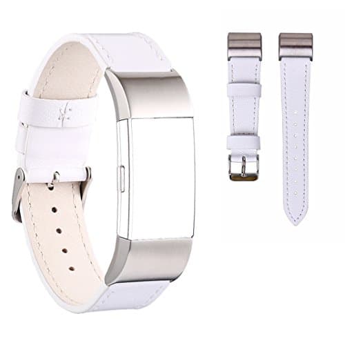 For Fitbit Charge 2 Strap, MeiC Power Crazy Horse Texture Sport &amp; Outdoor Bands Smart Watch Leather Strap Replacement Wristband Bracelet with Adjustable Stainless Steel Buckle for Fitbit Charge 2 Heart Rate Tracker Small Size - White
