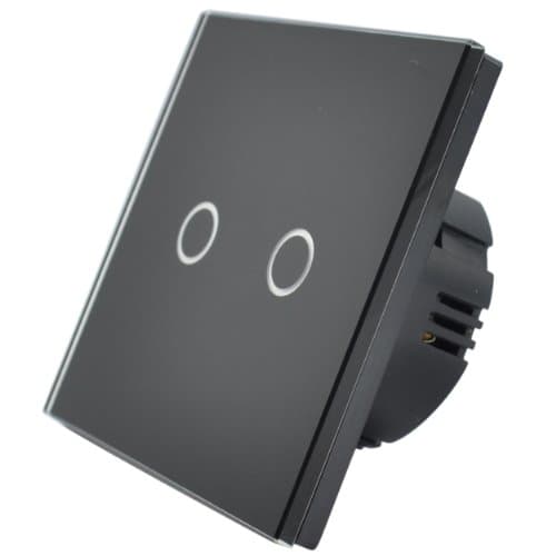 2 Gang 2 Way Single Modern Crystal Glass Panel Touch Sensor Light Wall Switch with LED Backlight - Black