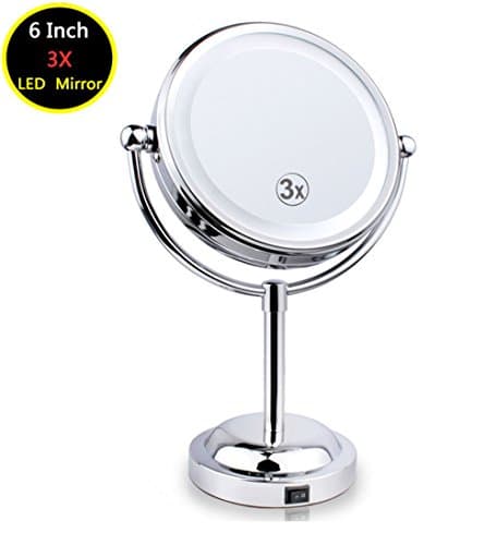 Top Star Store LED Lighted Makeup Mirror,6 Inch Two-Sided 360 Degree Swivel Round Cosmetic Mirror 3x Magnification Lighted Makeup