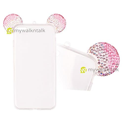 3D Bling Mickey Mouse Ears Shiny Glitter Crystal Diamond Back Case Cover Transparent Soft TPU With Free Neck Strap For Apple iPhone 6 Plus - Silver and Pink