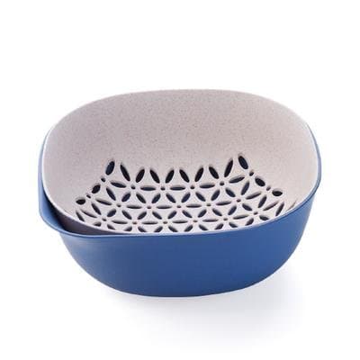 &amp;ZHOU Kitchen supplies,Wheat straw material, double layer, wash basket, kitchen vegetables pots, household living room fruit plate , blue