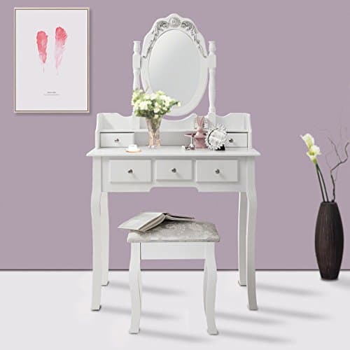 Tedahome Dressing Table Drawer Stool Adjustable Mirror Bedroom Makeup Desk White