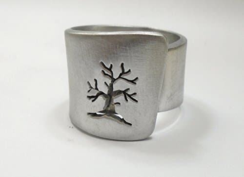 Open aluminum band ring with: Tree (perpendicular), and custom text.