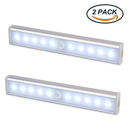 Motion Sensor Light BEICHEN 10 LED Under Cabinet Lighting with Magnetic Strip and Rechargeable Battery, USB Charging (Silver-double)