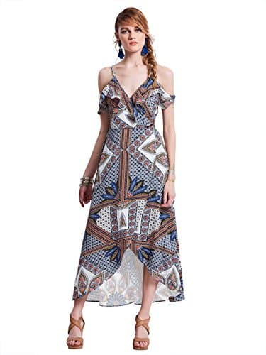 Bohoartist Chiffon V-Neck High Waist Front Split Cold Shoulder Raglan Sleeves Geometric Pattern A Line Maxi Dress