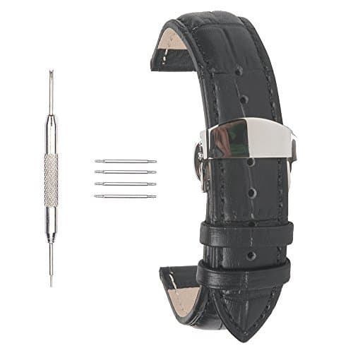 ACUNION™ 22mm Calf Leather Watch Strap Push Button Butterfly Deployment Buckle Watch Band - Black