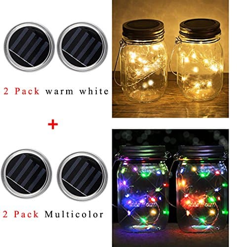 AREOUT 4 Pack Solar Powered Mason Jar Solar Lights，20 Led Fairy Jar Hanging Lights Lids,Outdoor Patio Lawn Garden yard porch Lights for party wedding festival - Jars NOT included