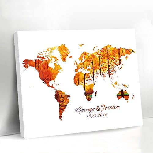 World Map Wedding Guest Book Canvas Fall Printed Wedding Guest Book Personalised Name and Date Wedding Gifts 40 x 50 cm
