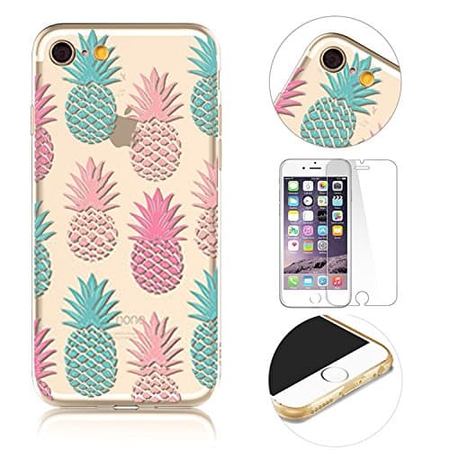 iPhone SE Case, MingKun Transparent Printed Pattern TPU [Pineapple Series] Cover for iPhone SE 5S 5 Case Ultra Slim Design Crystal Clear Silicone Soft Shell Scratch-Resistant Protective Skin Case Cover Bumper + 1X Glass Screen Protector - Color 1