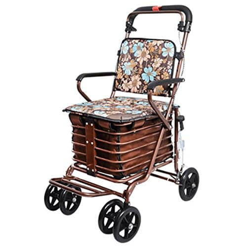M&amp;A Elderly Walker Foldable Portable Trolley 4 Wheel Shopping Cart Comfortable Chair , Gold