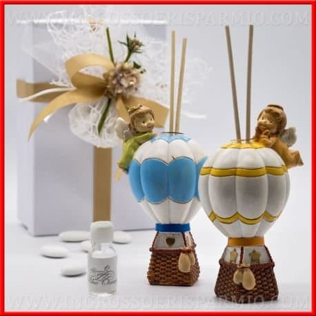 Reed Diffuser/Diffuser in Redina Colourful Hot Air Balloon In Two Colours (Sky Blue and Yellow Shape), on the ball is placed a picconolo Angel Complete STESO, of wooden Speakers, including gift box and bottle Essence – Wedding Favours Birth, baptism, communion, First Birthday kit 12 pz. Binaco
