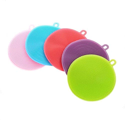 Silicone Sponge Multipurpose Antibacterial Scrubber Brush For Kitchen And Bathrooms Pot Pan Holder Dish Bowl Fruit & Vegetable Cleaner Heat Resistant Mat 3 Piece Set (Red)
