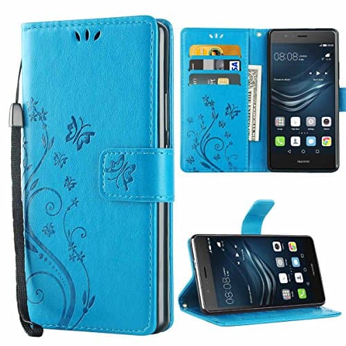 iDoer Huawei P9 Lite Leather Butterfly Pattern Folio Flip Wallet Cover and PU Case with Stand Lanyard Card Holders Slots Magnetic Closure Protective Case for Huawei P9 Lite - Blue