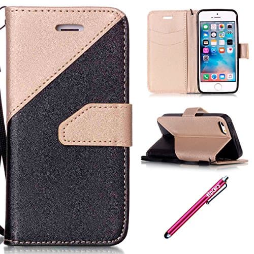 iPhone 5S/SE Leather Case,Hpory Scrub Black And Gold Pattern Book Style Flip Support PU Leather Walllet Case with Credit Card Holder Silicone Protector Bumber Case for iPhone 5S/SE + 1 x Hpory Stylus