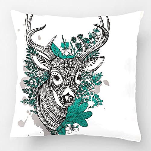 Kiddie Cotton Polyester Sofa Chair Square Throw Pillow Case Decorative Cushion Cover Pillowcase Design With Vector Horned Deer With Flowers And Herbs Custom personalized Pillow Cover Sized 20x20 Inches