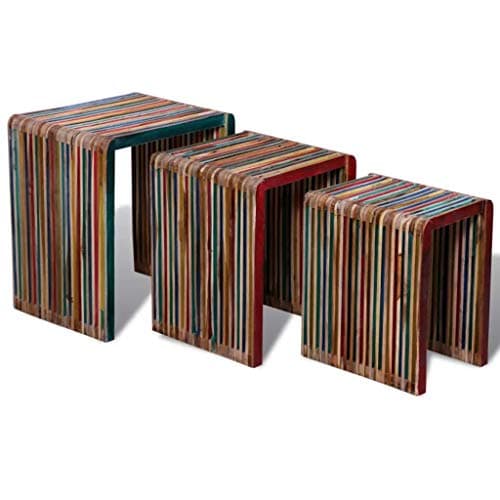 HELLOLAND Set of 3 Wood Nesting Tables Stackable Coffee End Table Set Living Room Sofa Snack Tables Space Saving Home Furniture (Colourful Reclaimed Teak)