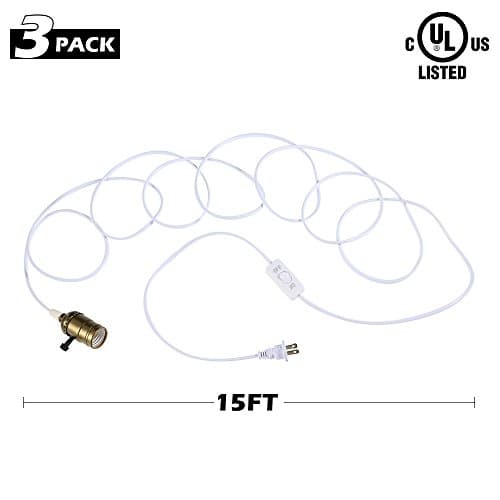 Create Bright 3-Pack of Extension Hanging Lantern Cord Cable 15Ft with E26/E27 Socket,UL Listed On/Off Button 2-Prong AC Power Plugs Pendant lighting bulbs for Living Room,Kitchen and Plant Grow Light