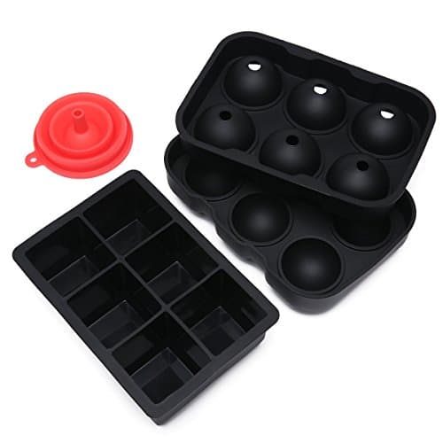 Chprot Silicone Ice Cube Trays Combo (Set of 2) &amp; Collapsible Funnel - Sphere Ice Ball Maker with Lid &amp; Large Square Molds,Reusable and BPA Free (Black)