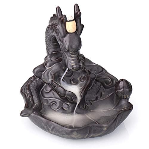 Dragon Incense Burner Holder,Backflow Incense Burner,Ceramic Backflow Cone Incense Burner Dragon Smoke Holder in Exquisite Present Box ''Dragon Lotus Pond''