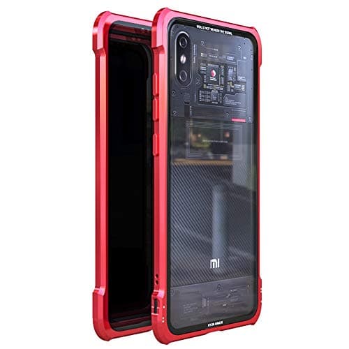 Mi 8 Explorer Case, CHIHENG Ultra Thin [Buckle Structure] Magnetic Aluminum Metal Frame + Transparent Tempered Glass Back Cover Full Body Protective Case for Xiaomi Mi 8 Explorer 6.21"-Red