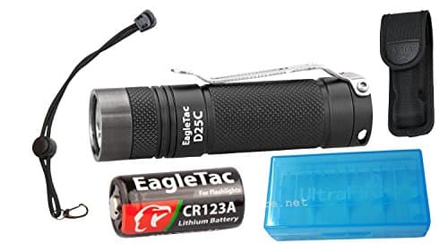 EagleTac D25C RC Cree XM-L2 U4 Cool White LED Powerful 519 Lumens Flashlight Bundle, Includes Pocket Clip, Nylon Holster, Paracord Lanyard, CR123A Battery, TradingBuzz Battery Case