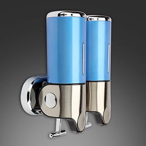 REDUO Wall Mount Double Pump Soap Dispenser Hand Liquid Foam Lotion Bottle Shampoo Shower Gel Box - Stainless Steel ABS (Blue)