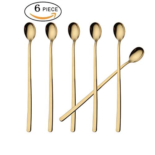 6 Pcs 9-Inch Long Handle Teaspoons, Coffee Spoon and Ice Cream Spoon, Dessert &amp; Milkshake Spoon, Fruit Juice Long Spoon, 18/8 Stainless Steel Spoons, Color Gold