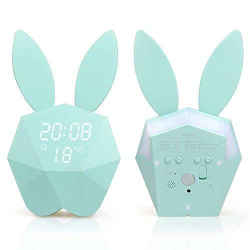 Eteng Bunny Alarm Clock with LED Night Light Sound Sensitive Time Temperature Digital Display Battery Rechargeable Clock for Home Décor Gift (blue)
