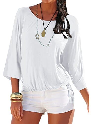 Smibra Womens Causal Solid 3 4 Sleeve Crew Neck Pleat Drawstring Shirt Blouse Top White XL