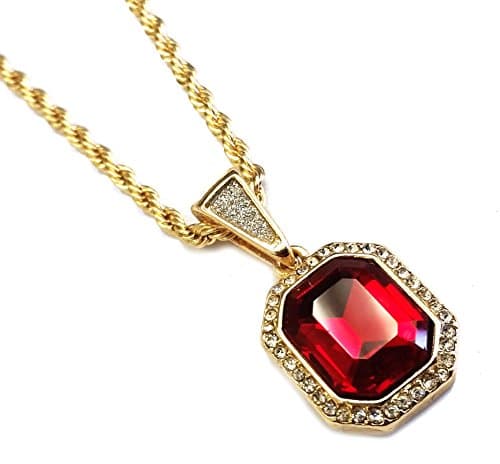 Gemstone Pendant Necklace with 24" 3mm Rope Chain (Octagon Ruby Gold)