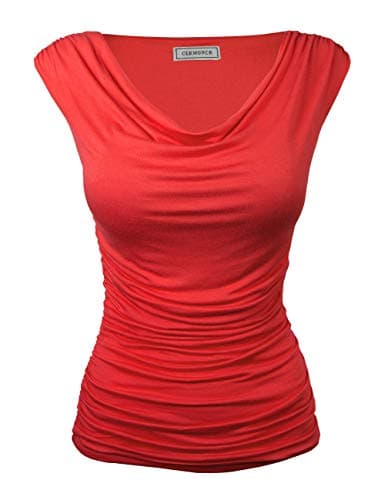 CLEMONCE Double Lining Cozy Cowl Neck Ruched Side Fitted Top S to 3XL
