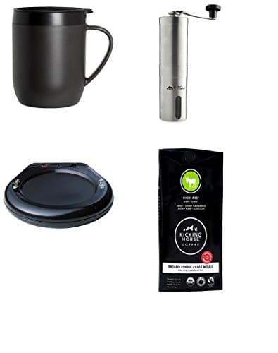 Travel Coffee Maker Bundle with French Press Coffee Mug with Handle, Kicking Horse Coffee Beans, Manual Hand Bean Grinder Burr and Mug Warmer for Desk with Lid
