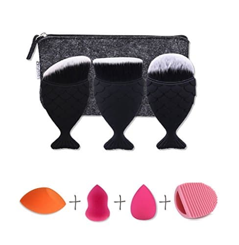 3 pcs Multifunction Mermaid Fish Scale Makeup Brushes Powder Blush Foundation Cosmetic Tools Contour BB Cream Brush with Fashion Cosmetic Bag Makeup Sponge Brush Egg Cleaner kit set (Black)