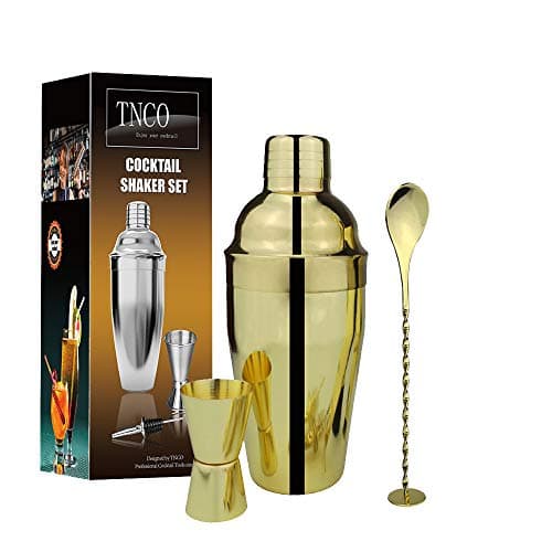 TNCO Cocktail Shaker Set Gold, Bartender Set Gold Includes: Drink Shaker with Cocktail Strainer, 0.5/1 OZ Jigger, Mixer Spoon (Gold, 26OZ(750ml))