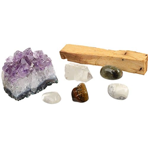 BE HERE NOW Crystal Kit For Mindfulness / 6 Pieces Including Amethyst Cluster, Raw &amp; Tumbled Stones, Instructions, Palo Santos, For Healing, Reiki, Meditation