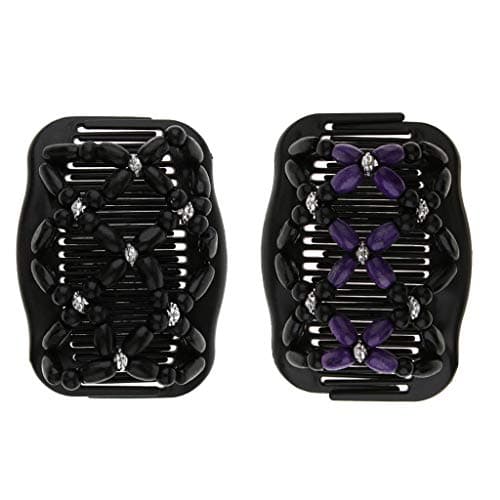 P Prettyia 2 Pieces Stretchy Magic Combs - Vintage Elastic Double Combs with Wooden Beads Chain Hair Clip Accessories for Women