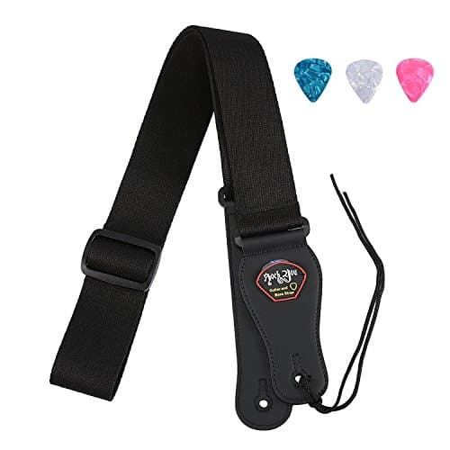 Adjustable Guitar Strap with Plectrum Holder &amp; Leather End for Acoustic and Electric Guitar &amp; Bass, Black (3 Matching Picks Included)