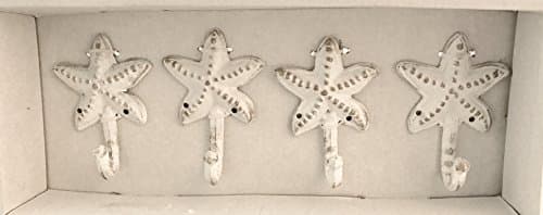 Cast Iron Star Fish Wall Hooks Distressed White Finish, Set of four (4) 3.5in W x 4.75in H