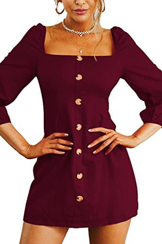 Boosouly Women's Casual Square Neck Long Sleeve Low Back Button Down Mini Dress