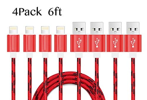 VVinRC 4Pack 6FT Nylon Braided Lightning to USB Cable Charging Charger for iPhone 7/ 7 Plus/ SE/ 6s/ 6 /6 Plus/ 6s Plus/ 5s/ 5c/ 5/ iPad Air/ Mini/ iPod Nano/ Touch (Red)