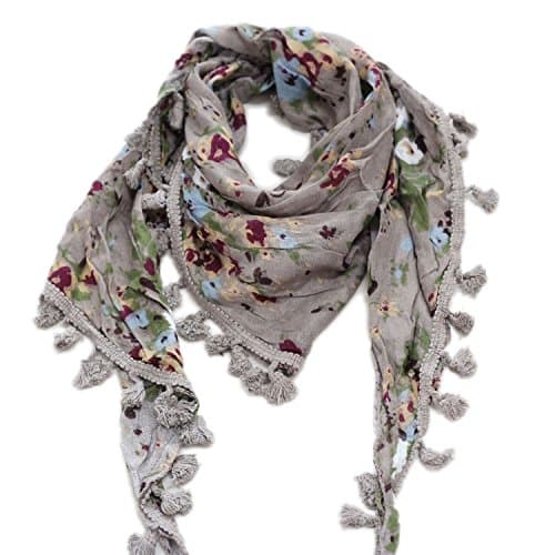 Khaki Flower Triangular Scarf Tassels Wrinkle Shawl Wrap