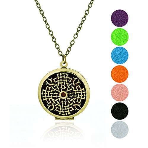 DEVICE Essential Oil Diffuser Necklace, Gold Plated Aromatherapy Diffuser Locket Pendant Necklace Jewellery Set for women, 7 Colors Refill Pads (Ancient bronze 3)