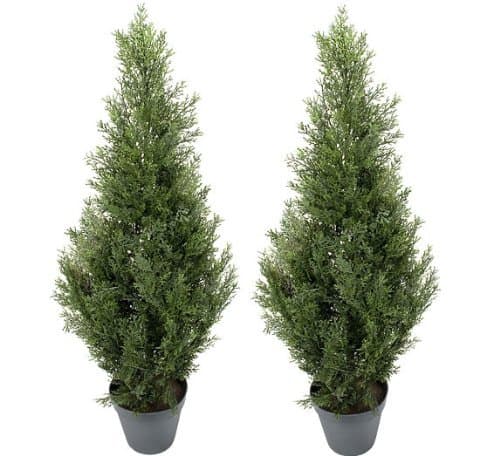 2-pack Pre-potted 3ft Artificial Cypress Topiary Trees. Outdoor UV-Rated weather proof. Home garden office pool decor. Plastic pot included. Long lasting realistic color sun UV resistant.