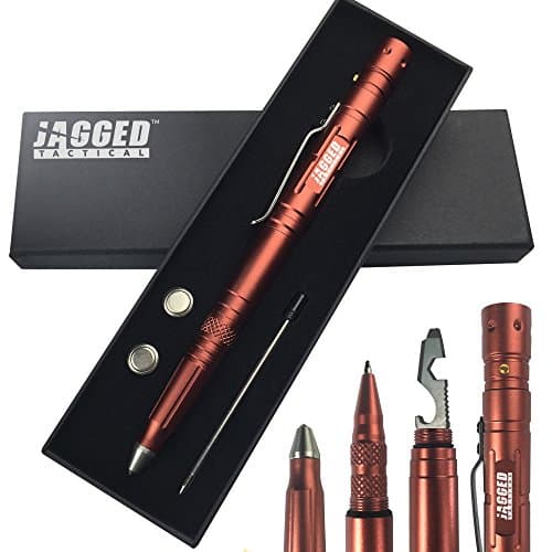 Multi Use Tactical Pen Survival Tool - Multi Tool + LED Tactical Flashlight + Ballpoint Pen + Glass Breaker. Complete with Extra Accessories and Gift Box (Red)