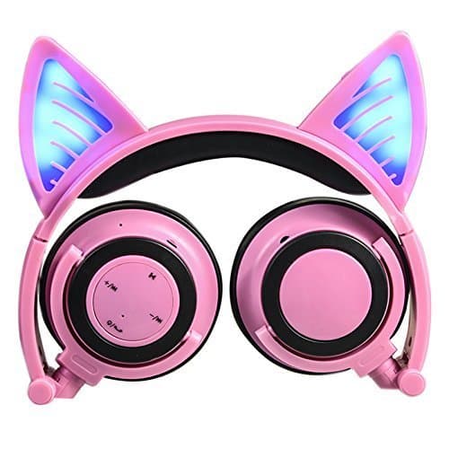 Headphones with Bluetooth &amp;Microphone Wireless/Wired Over Ear Cat Ear Headphones Flashing Glowing Headphones Foldable with LED Flash light for iPhone 7/6S/iPad,Android,Mp3,Mp4 player,Gifts for kids.